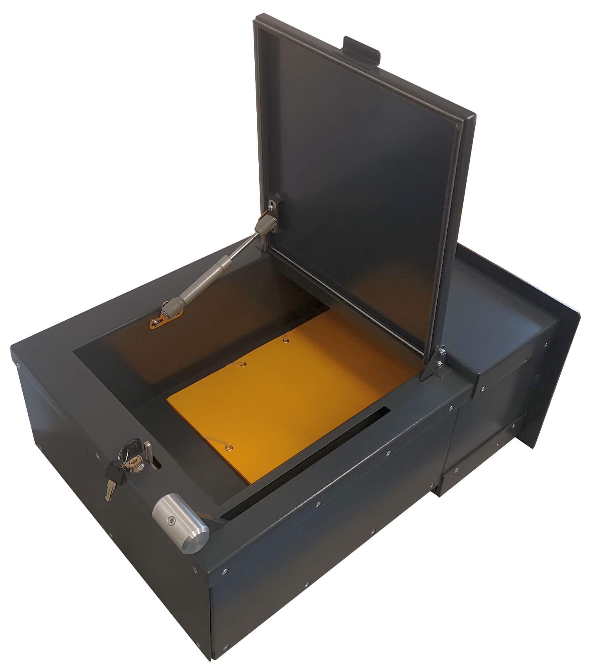 kas-systm.pl BEZPIECZNY PODAJNIK z otwieranym frontem i z pokrywą - otwiaranie porzadkowe zamykany na klucz